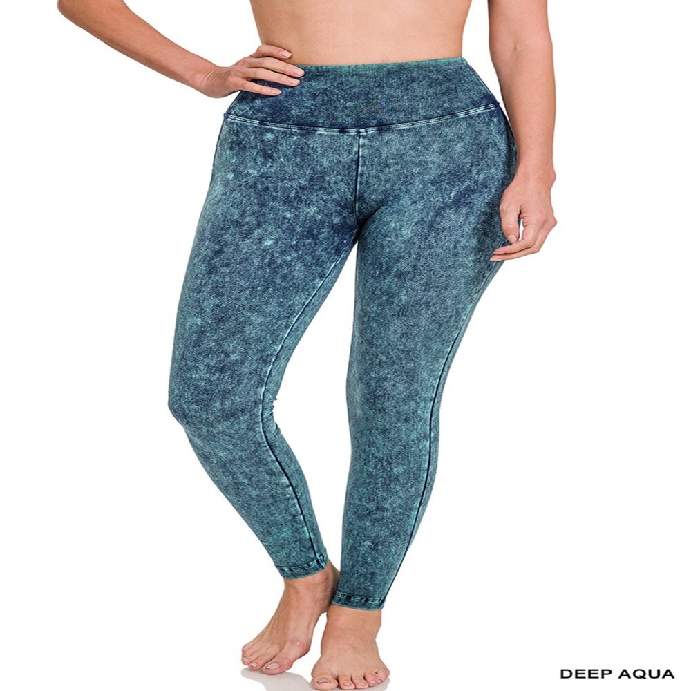 ZENANA MINERAL WASHED FULL-LENGTH YOGA LEGGINGS DEEP AQUA S-XL